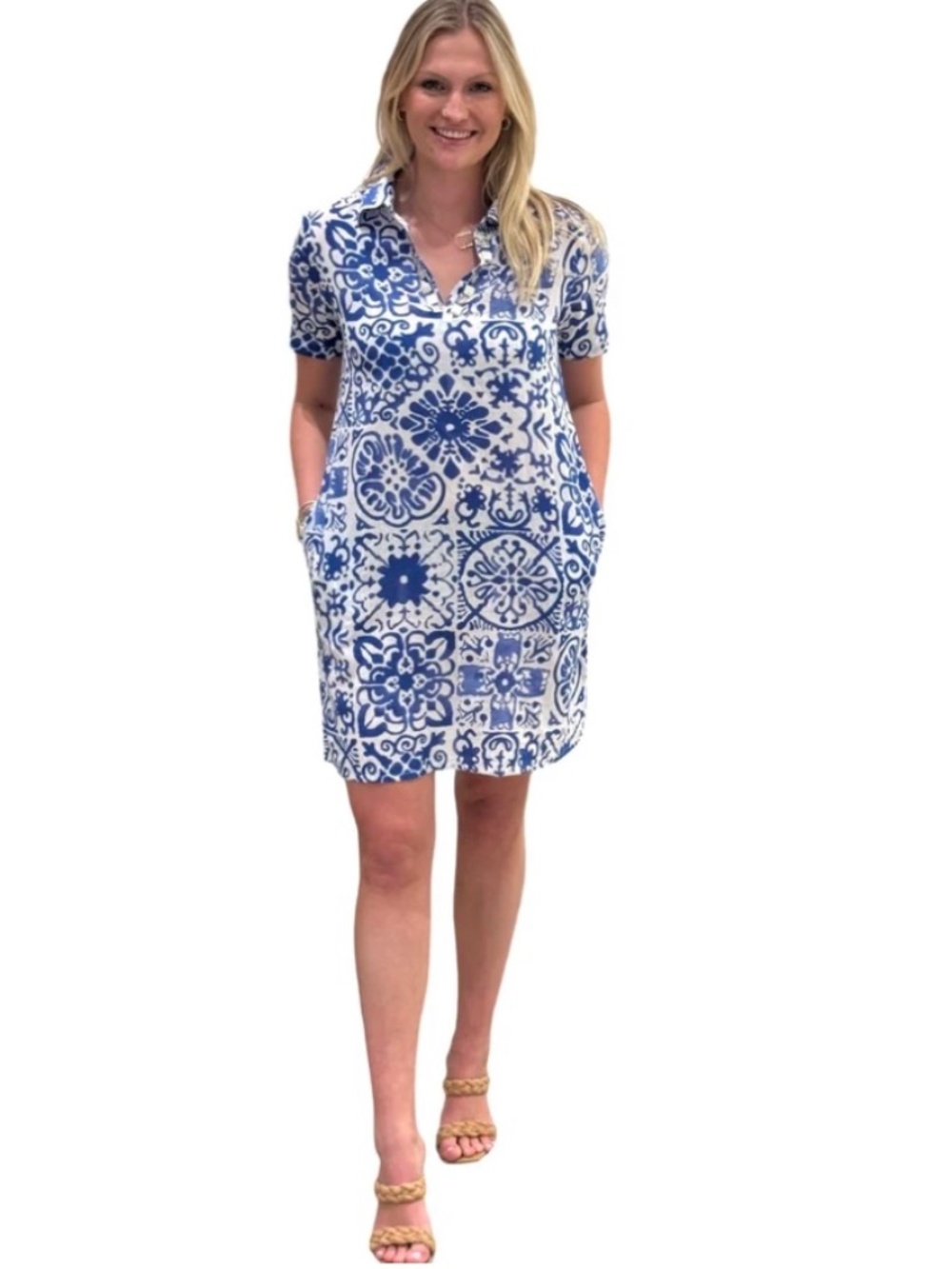 LIZA BYRD Short Sleeve Dress in Blue White Mosaic Cotton, NWT